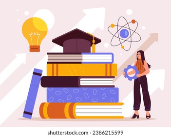 Skills growth concept. Woman with coghweel near stack of books with lightbulb. Education, learning and trainig. Young specialist and professional. Cartoon flat vector illustration