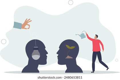 Skills growth using guidance and coaching to implement idea in employee head .flat illustration.
