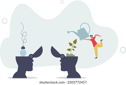 Skills growth using guidance and coaching to implement idea in employee head .flat design with people.