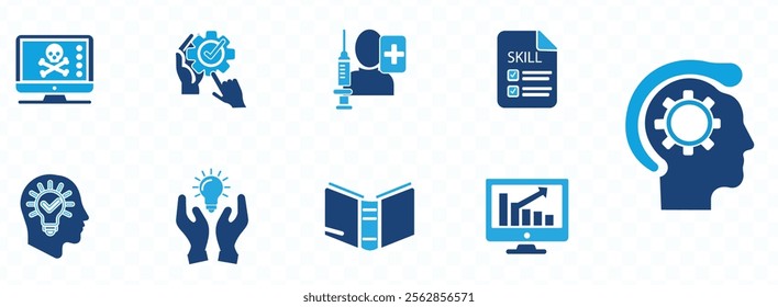 skills icon set. Containing communication, empathy, assertiveness, personality, problem-solving, creativity, punctuality and work ethics icons.