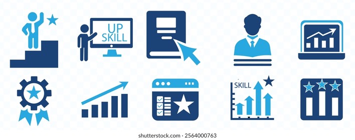 UP  skills icon set. Containing degree certificates, foreign language, software, computer skill and more. Solid vector symbol collection.