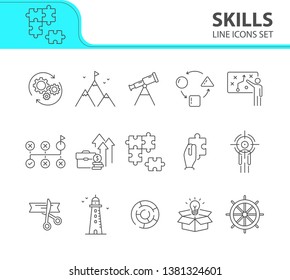 Skills icon set. Line icons collection on white background.  Puzzle, strategy, idea. Innovation concept. Can be used for topics like education, achievement, development  
