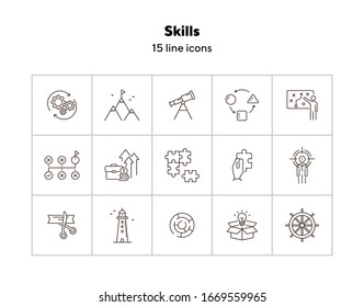 Skills icon set. Line icons collection on white background. Puzzle, strategy, idea. Innovation concept. Can be used for topics like education, achievement, development