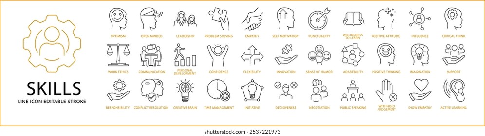  Skills Icon Set In line Style. Containing responsibility, critical thinking, brainstorm, success, personality, ethics, attitude etc. Vector Illustration.