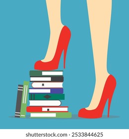 Skills improvement. Woman legs in red high heel shoes standing on stack of books. Female student reading textbook, library. Leisure and education. Feminism, gender equality. flat vector illustration