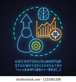 Skills improving neon light concept icon. Personal growth idea. Self development. Goal achieving. Glowing sign with alphabet, numbers and symbols. Vector isolated illustration