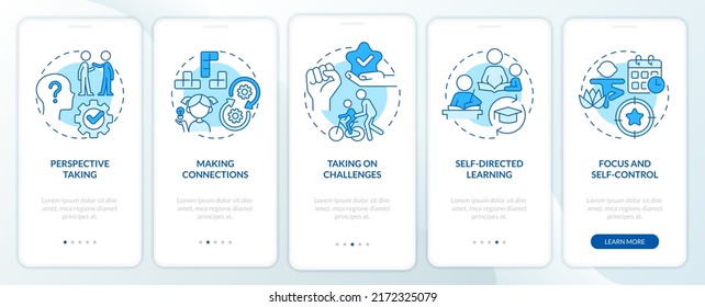 Skills for kids blue onboarding mobile app screen. Children growth walkthrough 5 steps editable graphic instructions with linear concepts. UI, UX, GUI template. Myriad Pro-Bold, Regular fonts used