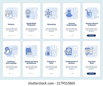 Skills for life light blue onboarding mobile app screen set. Walkthrough 5 steps editable graphic instructions with linear concepts. UI, UX, GUI template. Myriad Pro-Bold, Regular fonts used