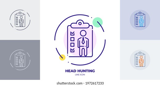 Skills line art vector icon. Outline symbol of head hunting. Human resources relates sign made of thin stroke. Isolated on background.