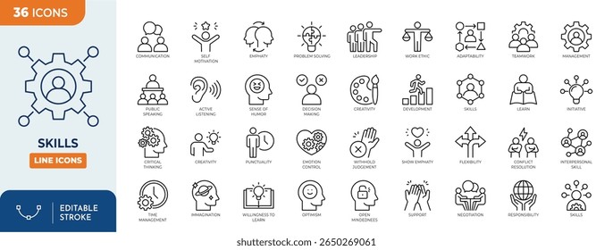 Conjunto de ícones editáveis da linha de habilidades. Contendo comunicação, empatia, assertividade, personalidade, resolução de problemas, criatividade, pontualidade, ética do trabalho e muito mais