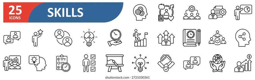 Skills line bearbeitbare Icon-Set. Enthält Symbole für, Lernen, Fachwissen, Fähigkeit, Persönlichkeit, Führung, Kreativität, Verbesserung, Kommunikation, Verbindung