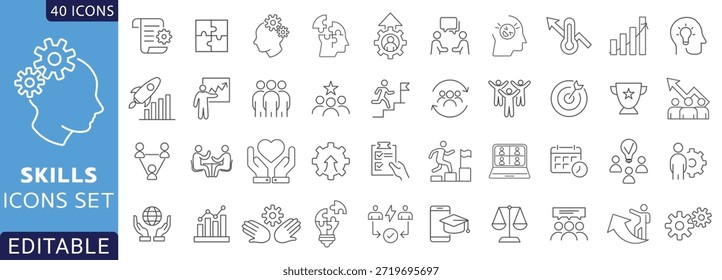 Habilidades conjunto de ícones de linha. assertividade, Contendo comunicação, empatia, resolução de problemas, criatividade, pontualidade, ética do trabalho, Etc. Totalmente editável. Ilustração vetorial.