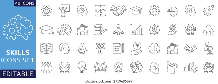Habilidades conjunto de ícones de linha. assertividade, Contendo comunicação, empatia, resolução de problemas, criatividade, pontualidade, ética do trabalho, Etc. Totalmente editável. Ilustração vetorial.