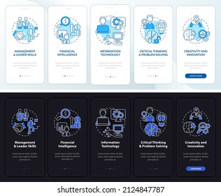 Skills for management night, day mode onboarding mobile app screen. Walkthrough 5 steps graphic instructions pages with linear concepts. UI, UX, GUI template. Myriad Pro-Bold, Regular fonts used