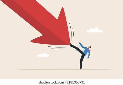 Skills to overcome market recession. Solving problems in the investment crisis.  Lessons About Recession. Economic crsiss. Businessman kicks a falling arrow to reverse an uptrend.