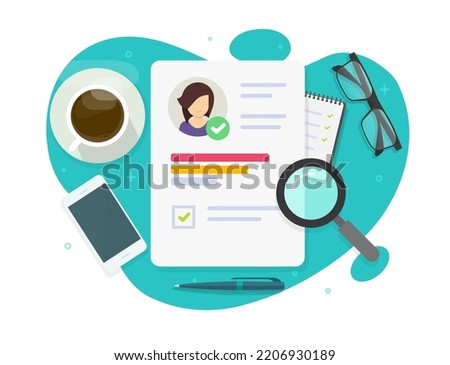 Skills professional career test review or employee aptitude ability of talent search recruitment flat graphic illustration, hire candidate cv document paper with expert quiz assess, personality report