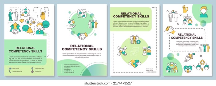 Skills of relational competency green brochure template. Leaflet design with linear icons. Editable 4 vector layouts for presentation, annual reports. Arial-Bold, Myriad Pro-Regular fonts used