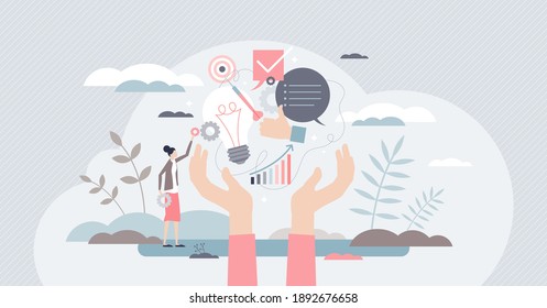 Skills set as ability and competence to work performance tiny person concept. Personality intelligence and education level with job experience and qualities training knowledge vector illustration. - Shutterstock ID 1892676658