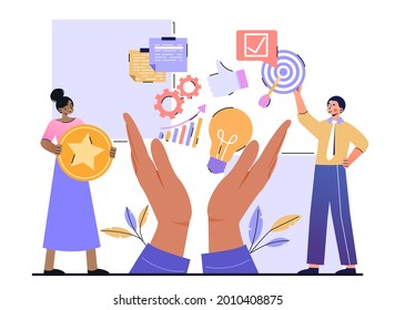 Skills set concept. Level of education and competence of a person to perform a certain job. Large hands with skill icons. Cartoon modern flat vector illustration isolated on a white background - Shutterstock ID 2010408875