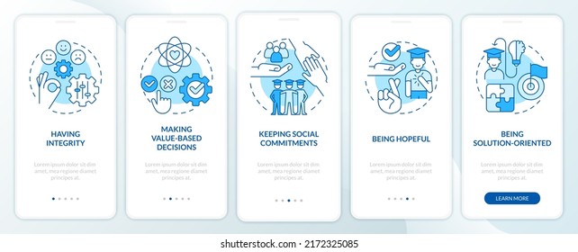 Skills for students blue onboarding mobile app screen. Efficiency walkthrough 5 steps editable graphic instructions with linear concepts. UI, UX, GUI template. Myriad Pro-Bold, Regular fonts used