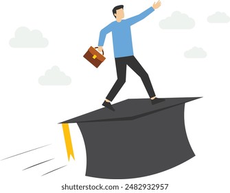 Skills for success in the workplace, Education or knowledge for career growth path, learn or new course for business success, flying entrepreneur graduation mortar cap see a vision of future.