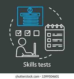 Skills tests chalk concept icon. Pre-employment job interview test idea. Job application, filling questionnaire vector isolated chalkboard illustration. Career development, chuckup quiz