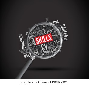 skills text background with a microscope