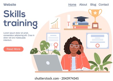 Skills training concept. Successful smiling black woman portrait with laptop diploma trophy, graduation cap. Flat happy young African girl works on notebook in office. Landing page vector illustration