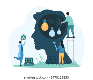 Skills training, creative ideas creation and development, mentoring. Tiny people unravel wires of hanging light bulbs inside human head, work on problem simplification cartoon vector illustration