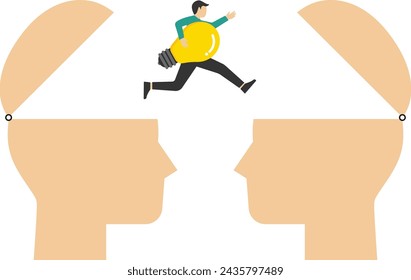 Skills training or work transition concept, sharing knowledge or sharing ideas between employees or team, businessman holding idea light bulb walking on bridge from the human head brain to another bra