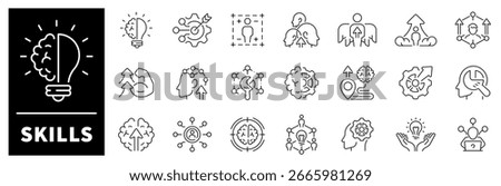 Skills vector icons in line style. Skill upgrade related icons set. Set of line icons related to upskill, upskilling, personal growth, development, education, career.
