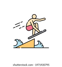 Skimboarding color line icon. Isolated vector element. Outline pictogram for web page, mobile app, promo