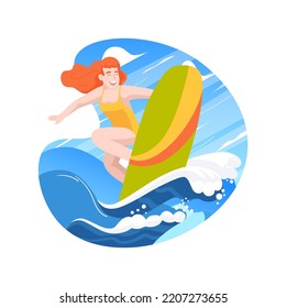 Skimboarding isolated cartoon vector illustration. Smiling teen girl enjoying skimboarding, making waves and having fun, extreme sport, summer time activity, getting adrenaline vector cartoon.