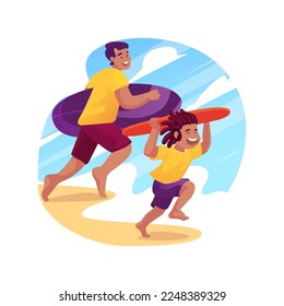 Skimboarding isolated cartoon vector illustration. Father skimboarding with kids, summer beach activity, family leisure time, child riding a skimboard, running towards the sea vector cartoon.