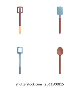 Skimmer icons set cartoon vector. Kitchen spatula of various shape. Kitchen utensils