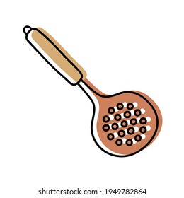 Skimmer. Kitchenware sketch. Doodle line vector kitchen utensil and tool. Cutlery illustration