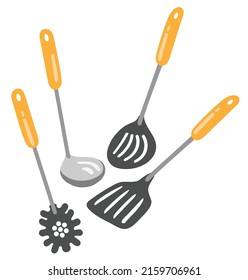Skimmer, ladle, spoon for spaghetti. Kitchen set. Hand drawn vector illustration. Suitable for website, stickers, gift cards.