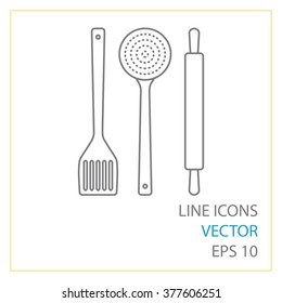 skimmer, spatula, rolling pin vector line icons