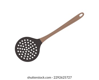 Skimmer spoon in flat illustration. Kitchen tool for convenient and proper cooking. Skimmer with holes isolated on white background. Flat cartoon vector illustration