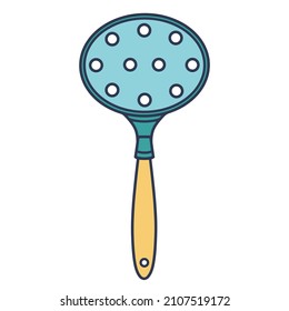 Skimmer vector icon. Hand drawn color illustration isolated on white backdrop. Kitchen slotted spoon with handle, holes. Cutlery for cooking food, deep fat. Concept for decoration, menu design, cafe