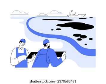 Skimming abstract concept vector illustration. Group of workers controls oil spill cleanup using dispersants, ecosystem contamination, ecological disaster, environmental problem abstract metaphor.