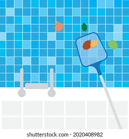 skimming leaves from pool - vector illustration