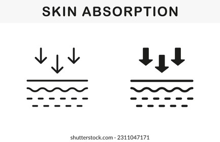 Línea de absorción de la piel y conjunto de iconos negros de silueta. Penetración de rayos UV a pictograma de piel. Colección de símbolos de concepto de nutrición de piel hacia abajo. Ilustración de vectores aislados.