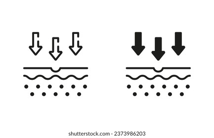 Skin Absorption Line and Silhouette Black Icon Set. Arrow Down to Skin Layer Pictogram. Skin Nutrition Concept. Penetration of UV Ray to Skin Symbol Collection. Isolated Vector Illustration.