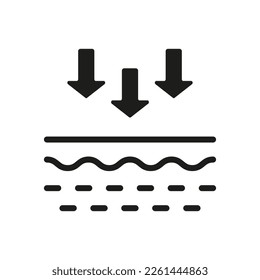 Skin Absorption Silhouette Icon. Penetration of UV Ray to Skin Glyph Pictogram. Arrow Down to Skin Layer Icon. Skin Nutrition Concept. Isolated Vector Illustration.