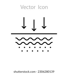 Icono simple de absorción de la piel, penetración de rayos UV en pictograma lineal de la piel. Concepto de nutrición cutánea. Stroke editable..eps