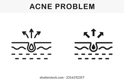 Skin Acne, Pimple, Comedo Pictogram. Blackhead and Inflammation Sebum Line and Silhouette Black Icon Set. Dirty Skin Problem Symbol Collection. Isolated Vector Illustration.