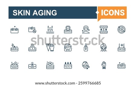 Skin Aging related icon set. Featuring face, dermatology, care, skin, wrinkle and more. Wrinkles And Skin icon. Icons for UI. Vector line and solid icons.