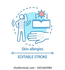 Skin allergies concept icon. Rash, contact dermatitis, hives idea thin line illustration. Sunlight, food, medication, insect bites allergic reaction. Vector isolated outline drawing. Editable stroke