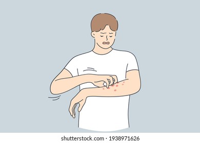 Skin Allergy, Dermatitis, Eczema Concept. Annoyed Young Man In White T-shirt Scratching Itch On His Arm Feeling Unhappy And Uncomfortable Vector Illustration 